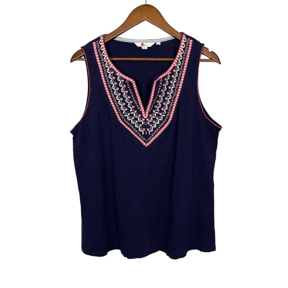 Boden Embroidered Notch Neck Top in Navy Blue - Picture 1 of 5